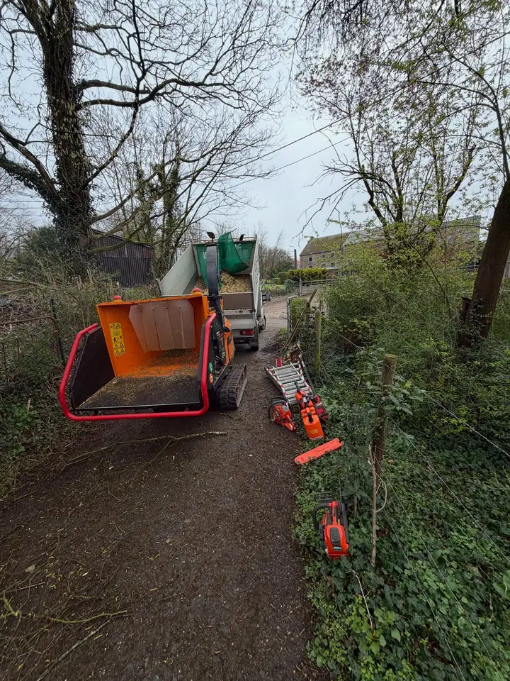 Broyeur forestier sur chenilles dans un chemin étroit, devant un camion benne