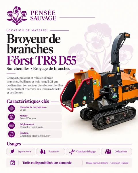 Fiche technique illustrée du broyeur de branches Först TR8 D55 : diamètre de broyage, moteur, déplacement, éjection et usages