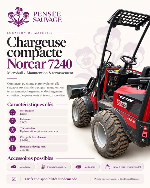 Fiche technique illustrée de la chargeuse compacte Norcar 7240 : motorisation, puissance, transmission, charge de basculement, hauteur de levage et accessoires