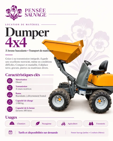 Fiche technique illustrée du dumper 4x4 à benne basculante : motorisation, transmission, benne, capacité de charge, capacité de la benne et usages