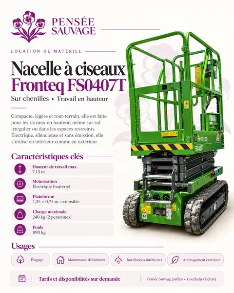 Fiche technique illustrée de la nacelle à ciseaux Fronteq FS0407T : hauteur de travail, motorisation, plateforme, charge, poids et usages